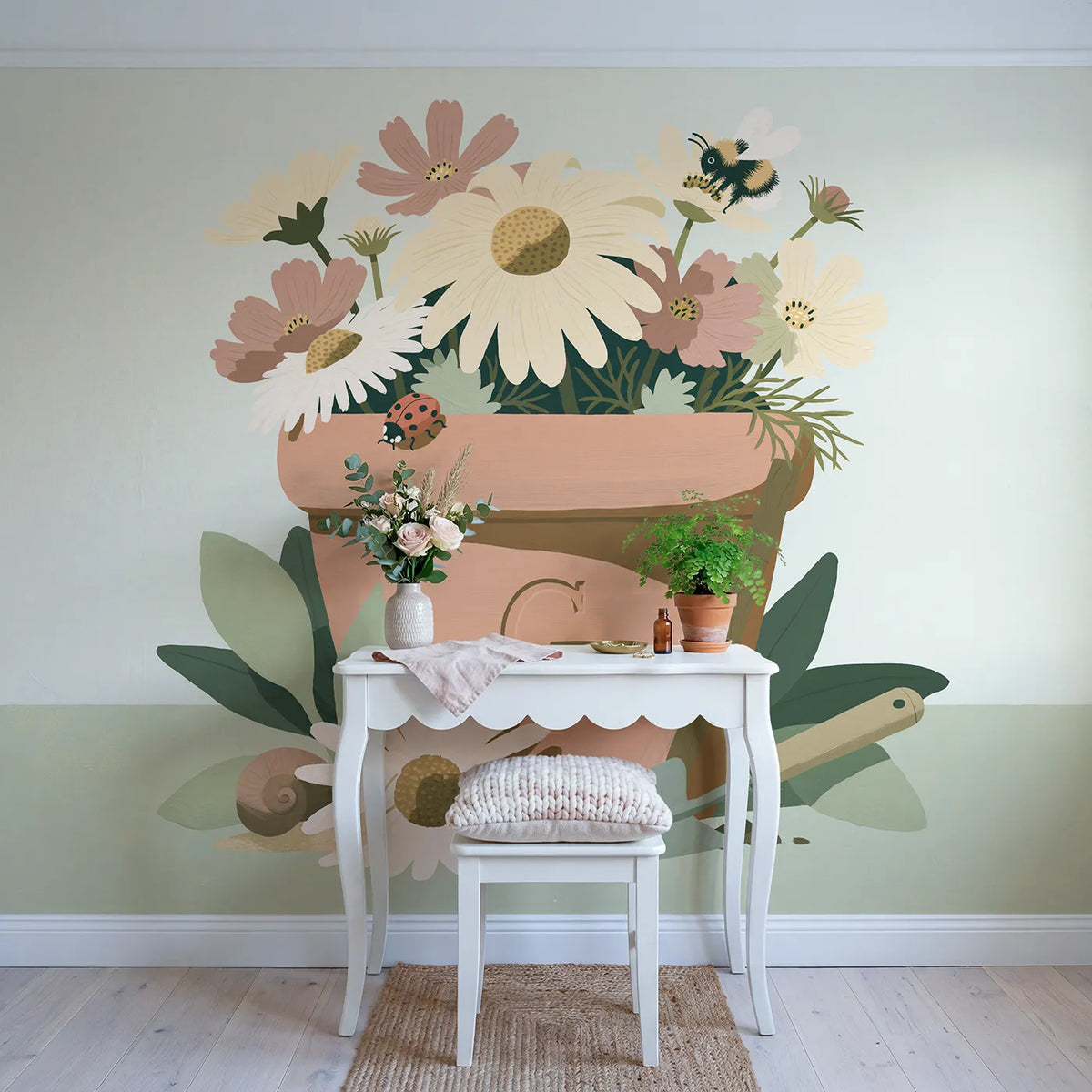 Flat Ladybird Flowerpot Personalized Wall Mural in playroom setting by Whimsy Tots