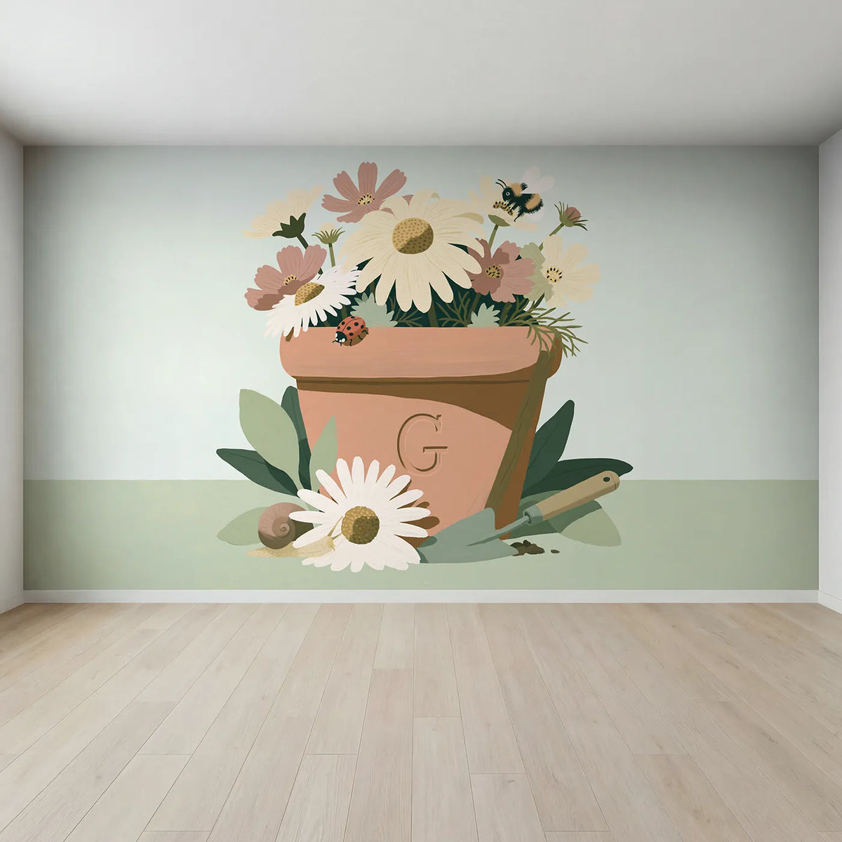 Full view of Flat Ladybird Flowerpot Personalized Wall Mural by Whimsy Tots