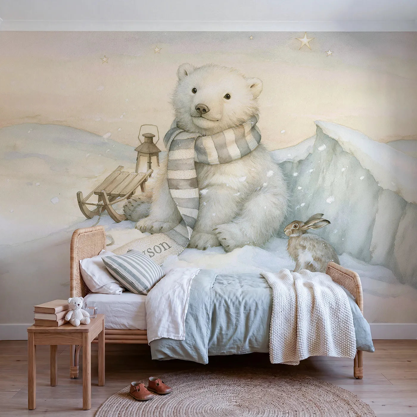 Storybook polar bear scarf personalized wall mural with knitted woollen end by Whimsy Tots