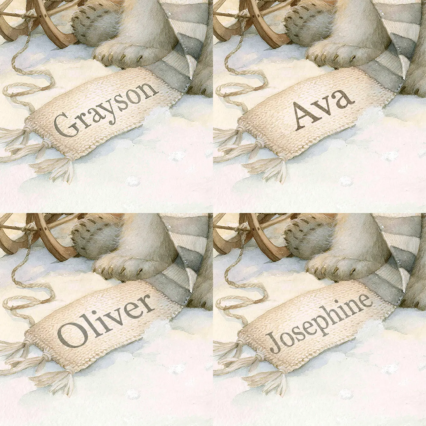 Four name preview examples of Polar Bear Knitted Scarf Personalized Wall Mural by Whimsy Tots