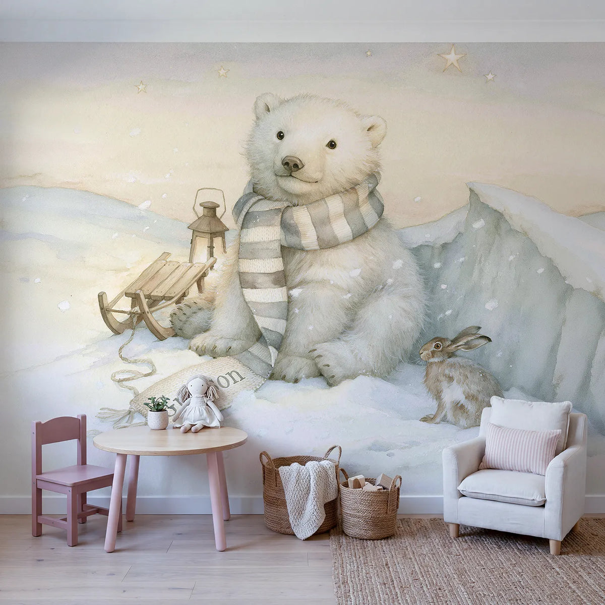 Polar Bear Knitted Scarf Personalized Wall Mural in playroom setting by Whimsy Tots