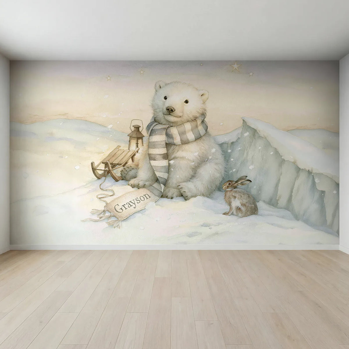 Full view of Polar Bear Knitted Scarf Personalized Wall Mural by Whimsy Tots
