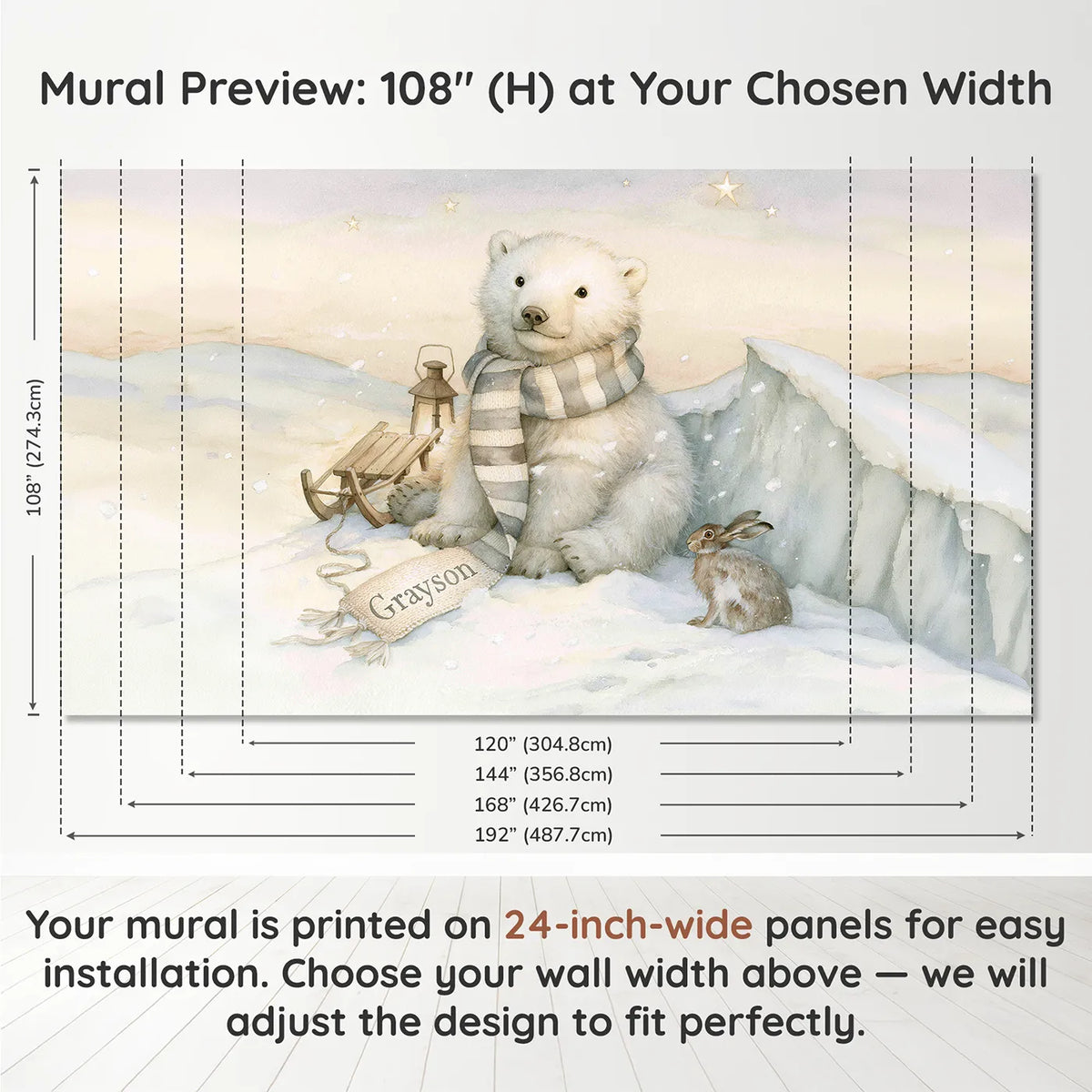 Panel layout and dimensions for Polar Bear Knitted Scarf Personalized Wall Mural by Whimsy Tots