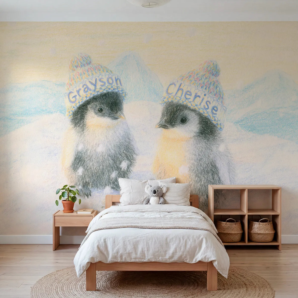 Colored pencil two penguin chicks personalized wall mural with knitted hat brims by Whimsy Tots
