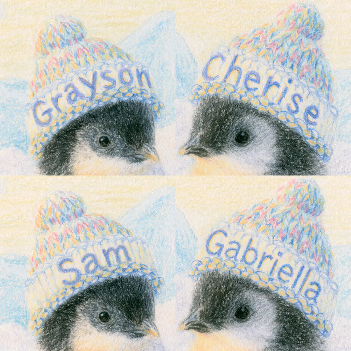 Four name preview examples of Two Penguin Chicks Personalized Wall Mural by Whimsy Tots