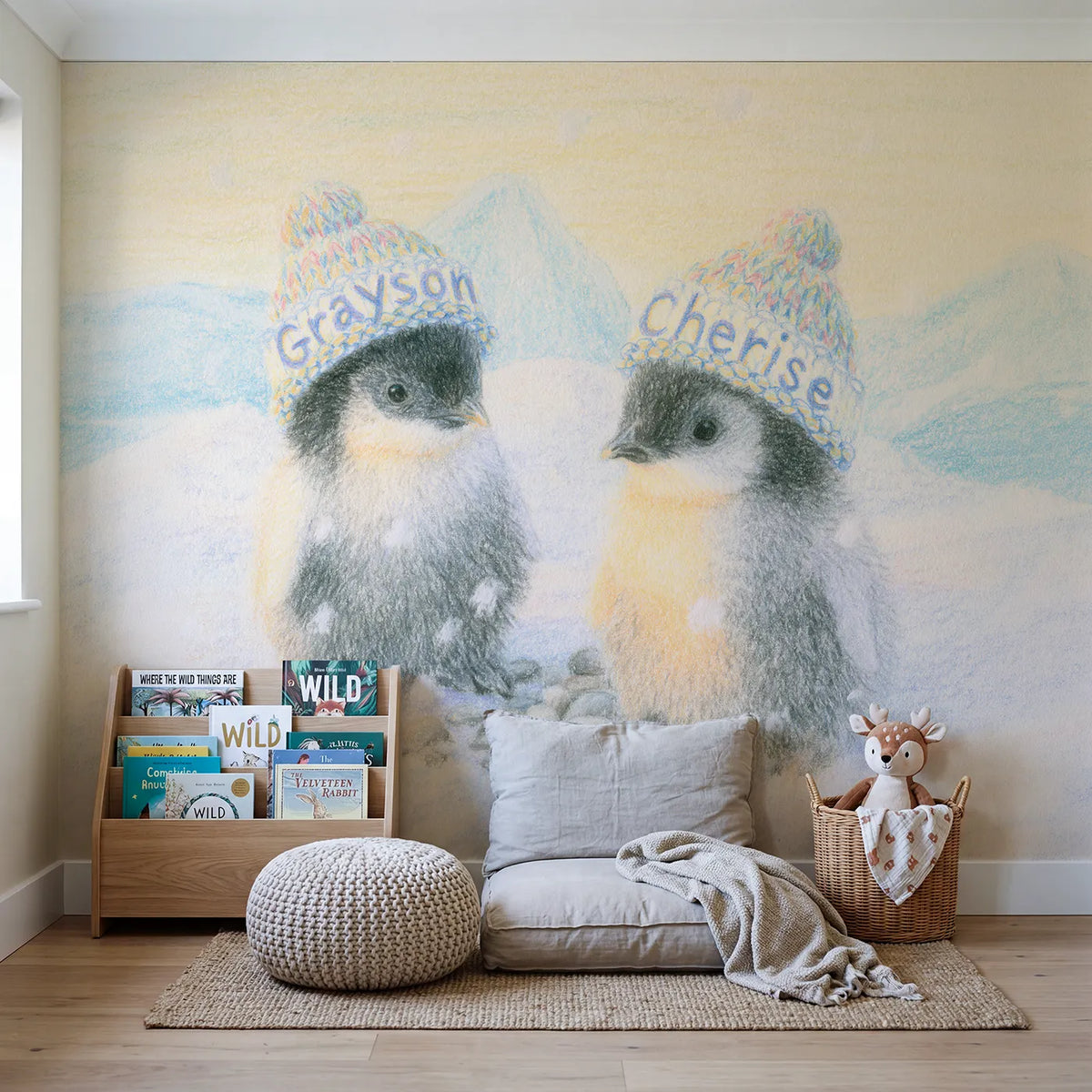 Two Penguin Chicks Personalized Wall Mural in playroom setting by Whimsy Tots