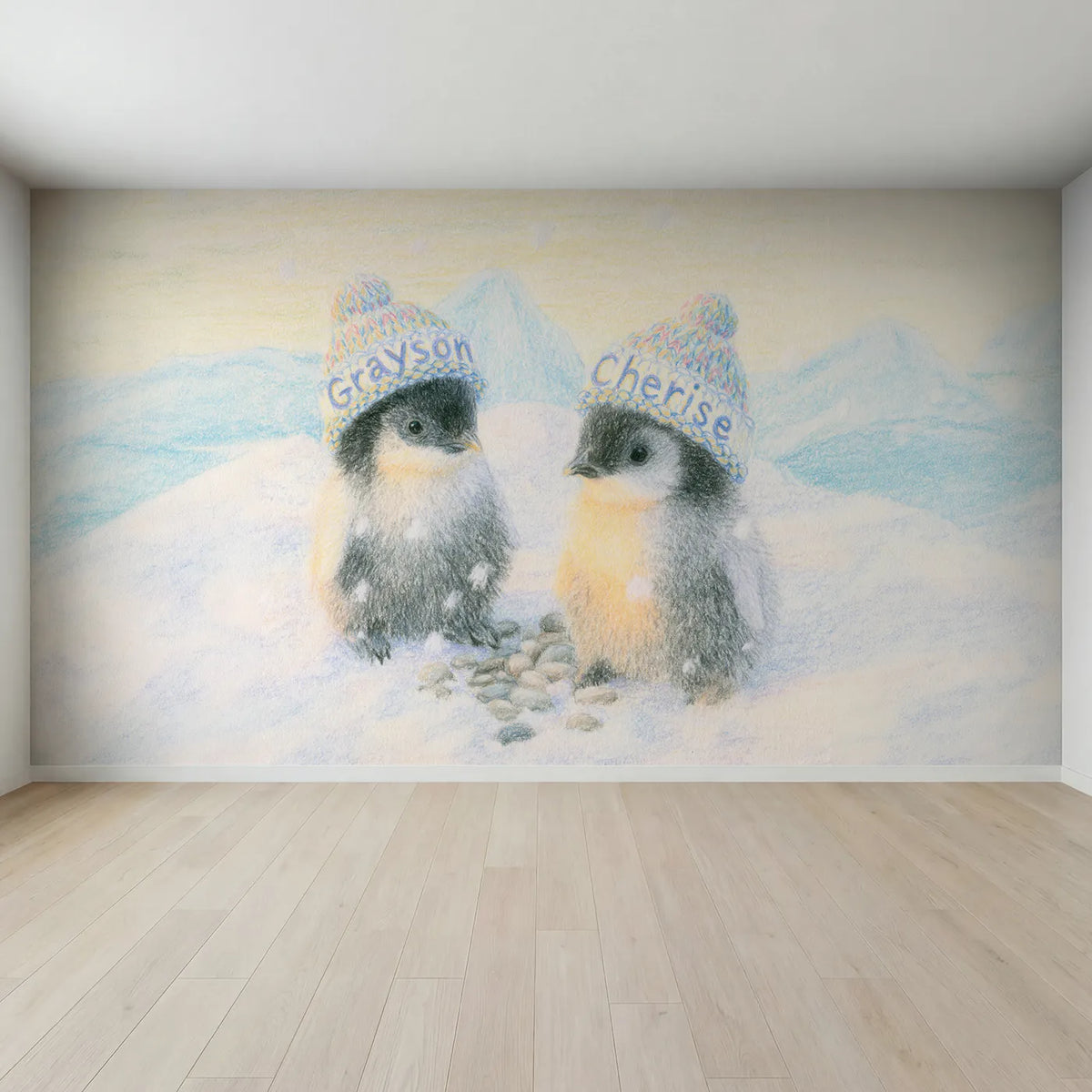 Full view of Two Penguin Chicks Personalized Wall Mural by Whimsy Tots