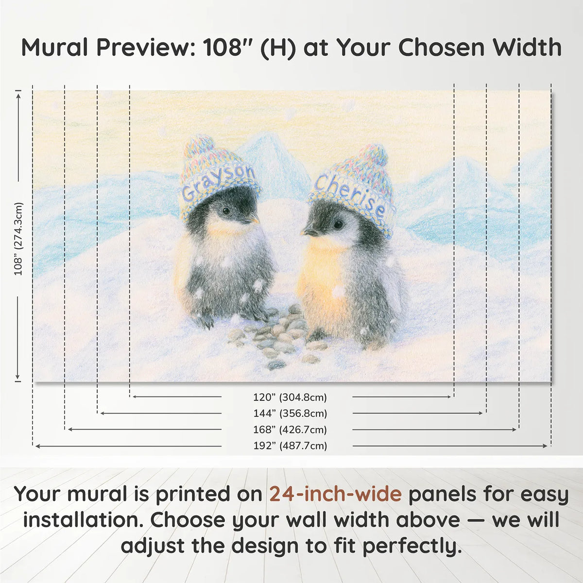 Panel layout and dimensions for Two Penguin Chicks Personalized Wall Mural by Whimsy Tots