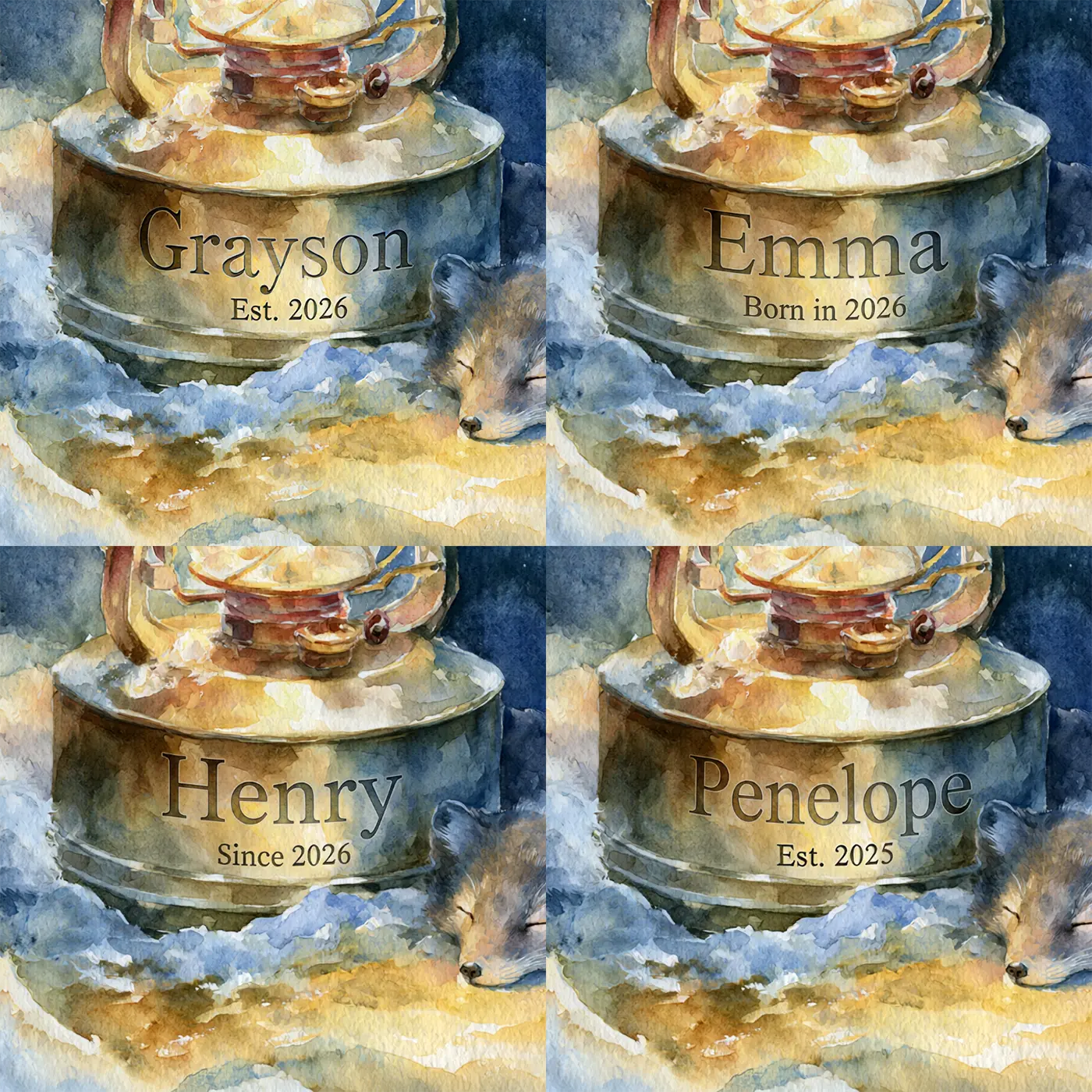 Four name preview examples of Arctic Lantern Keepsake Personalized Wall Mural by Whimsy Tots