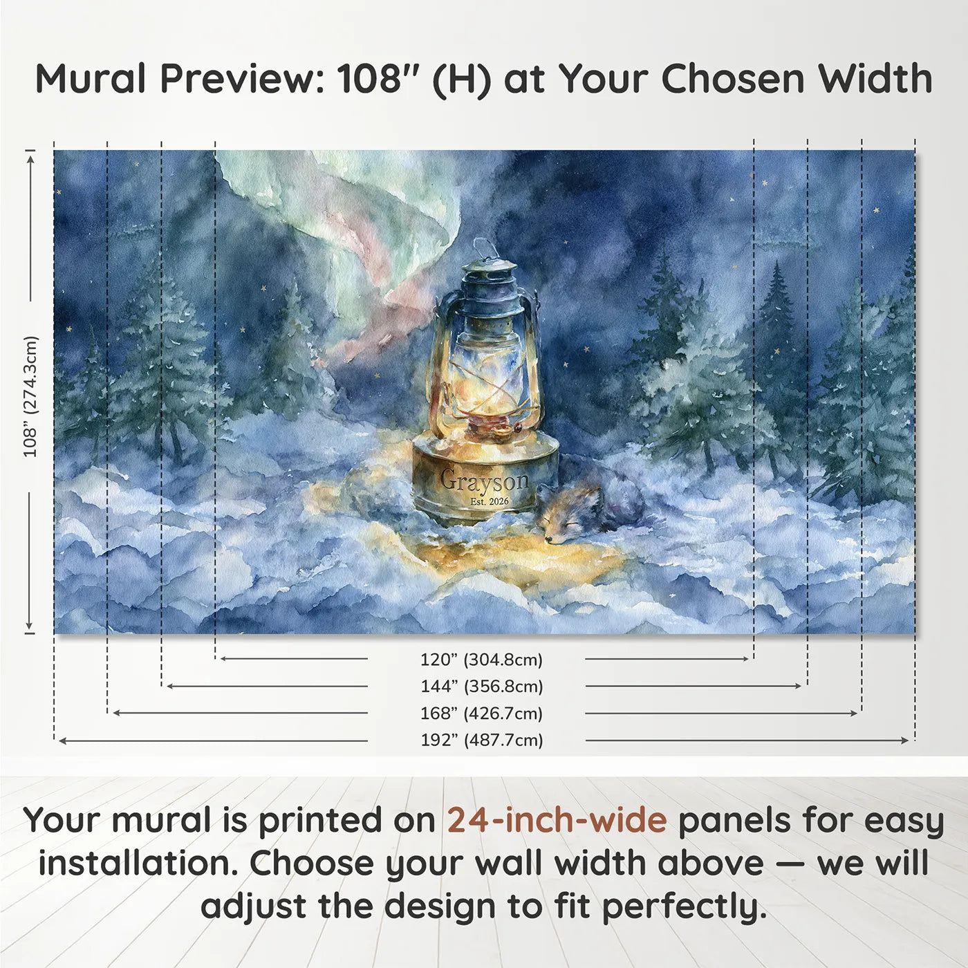 Panel layout and dimensions for Arctic Lantern Keepsake Personalized Wall Mural by Whimsy Tots