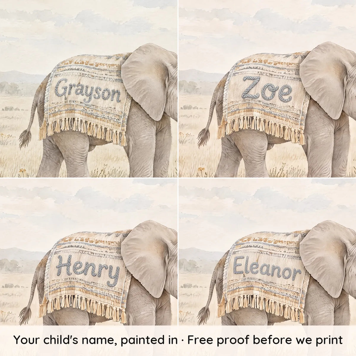 Watercolor personalized wall mural of a little elephant in a name blanket, with four example names, by Whimsy Tots