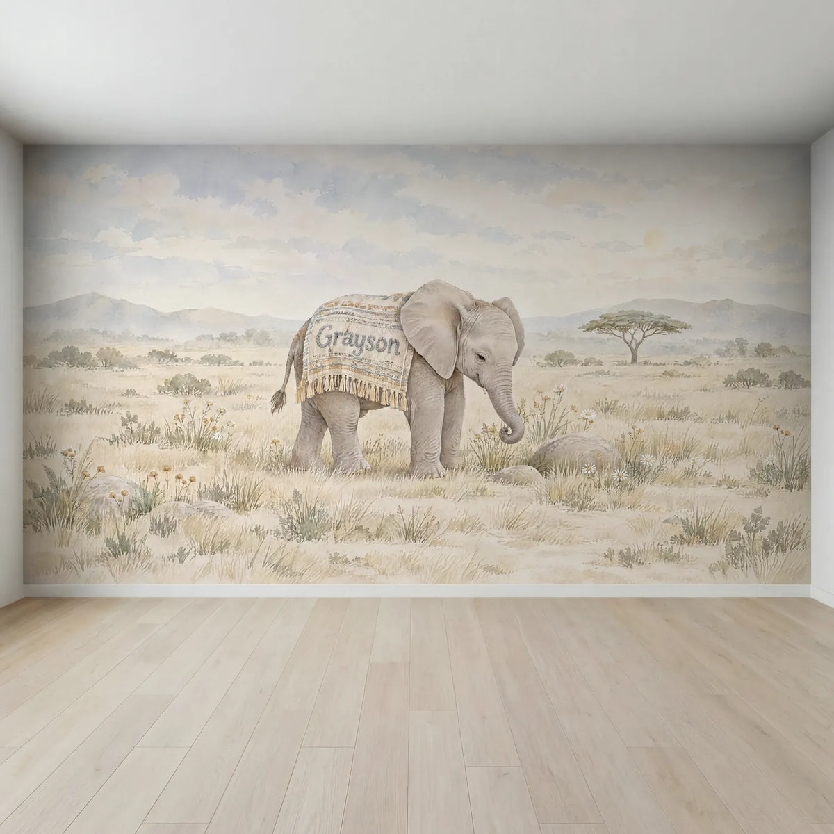 Watercolor personalized wall mural of a little elephant in a name blanket, full mural design, by Whimsy Tots