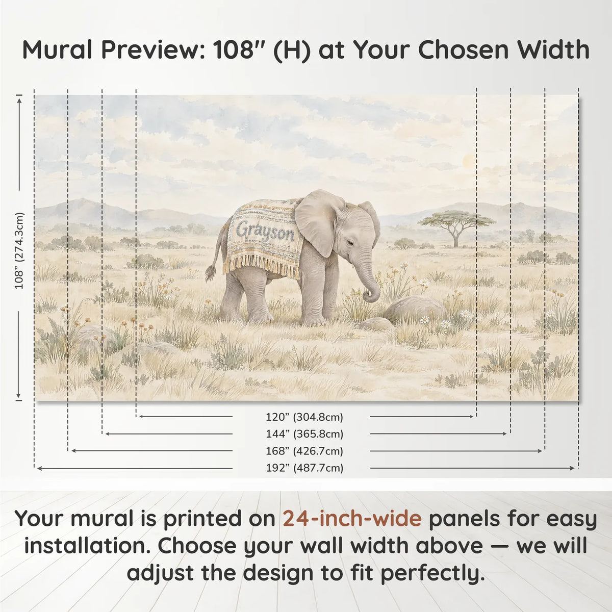 Watercolor personalized wall mural of a little elephant in a name blanket, panel layout and size, by Whimsy Tots