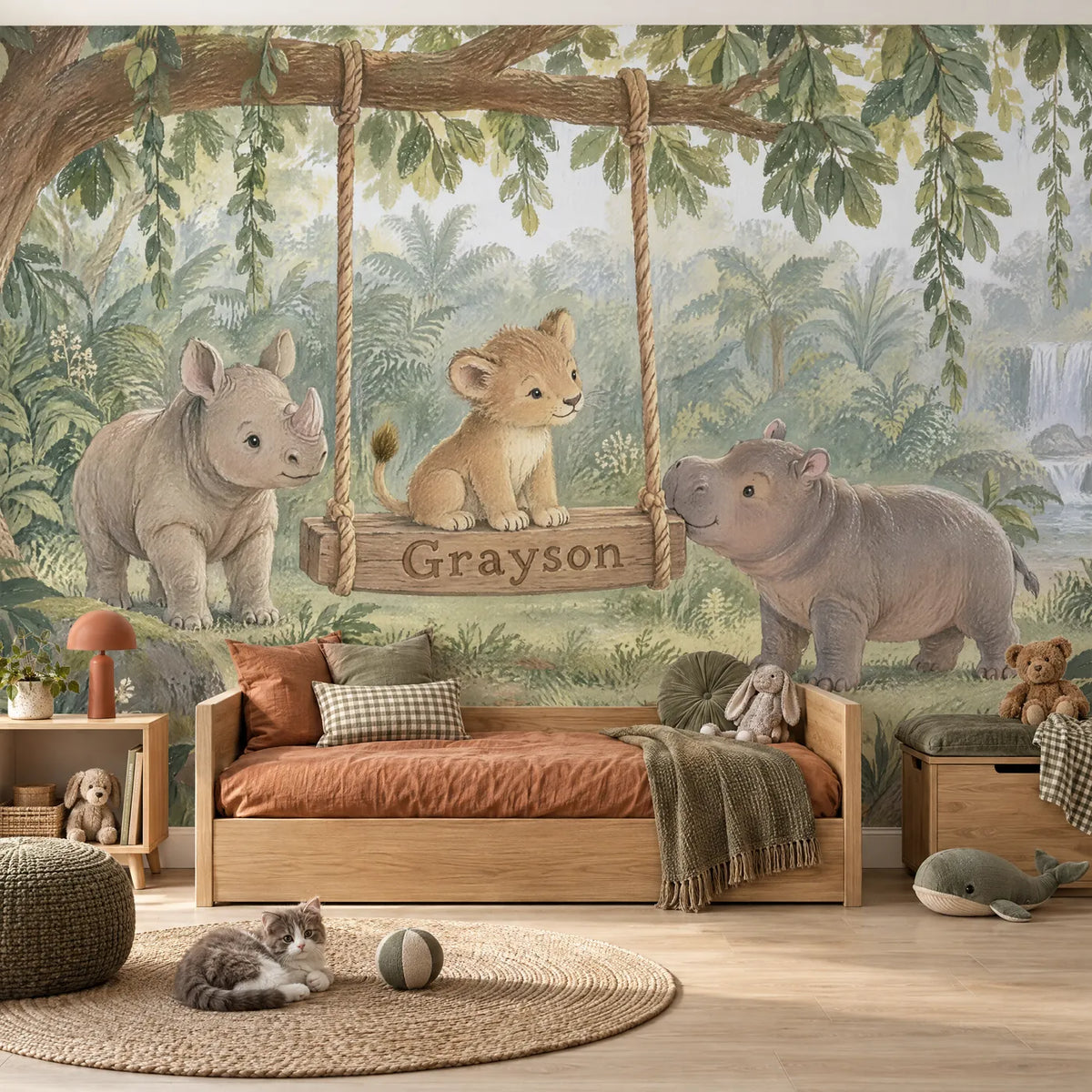 Gouache personalized wall mural of a lion cub on a jungle name swing, in a styled room, by Whimsy Tots