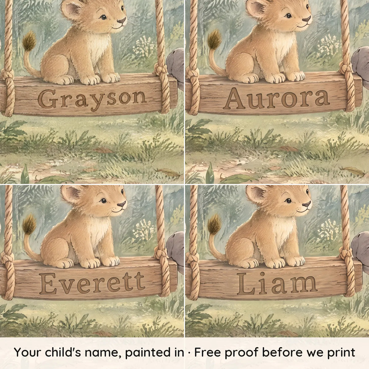 Gouache personalized wall mural of a lion cub on a jungle name swing, with four example names, by Whimsy Tots