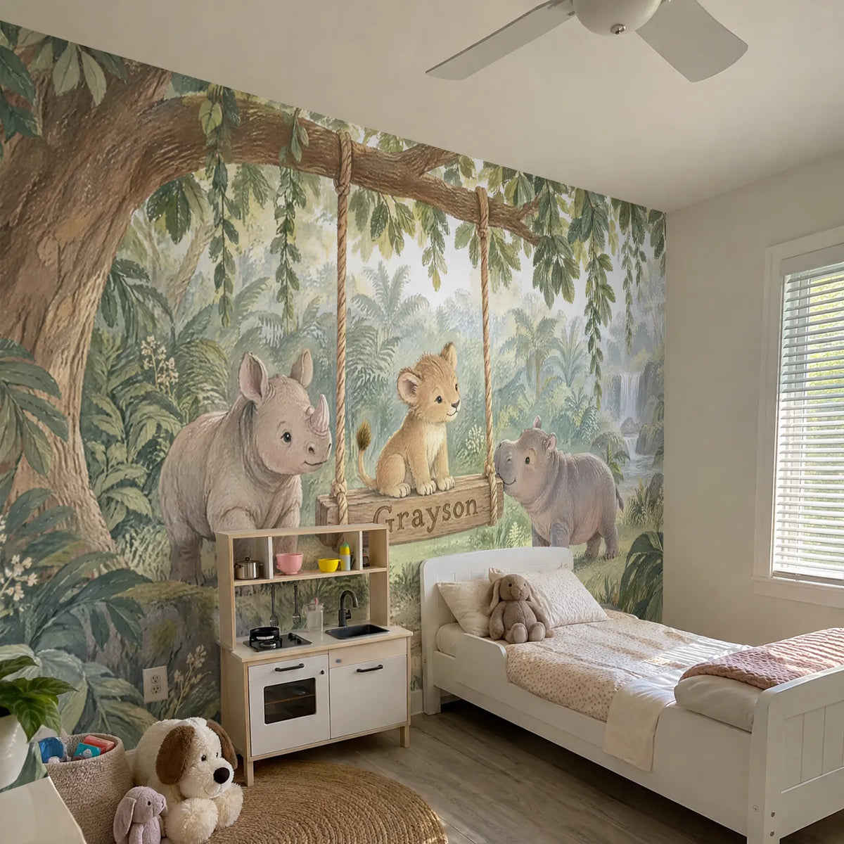 Gouache personalized wall mural of a lion cub on a jungle name swing, in a room photo, by Whimsy Tots