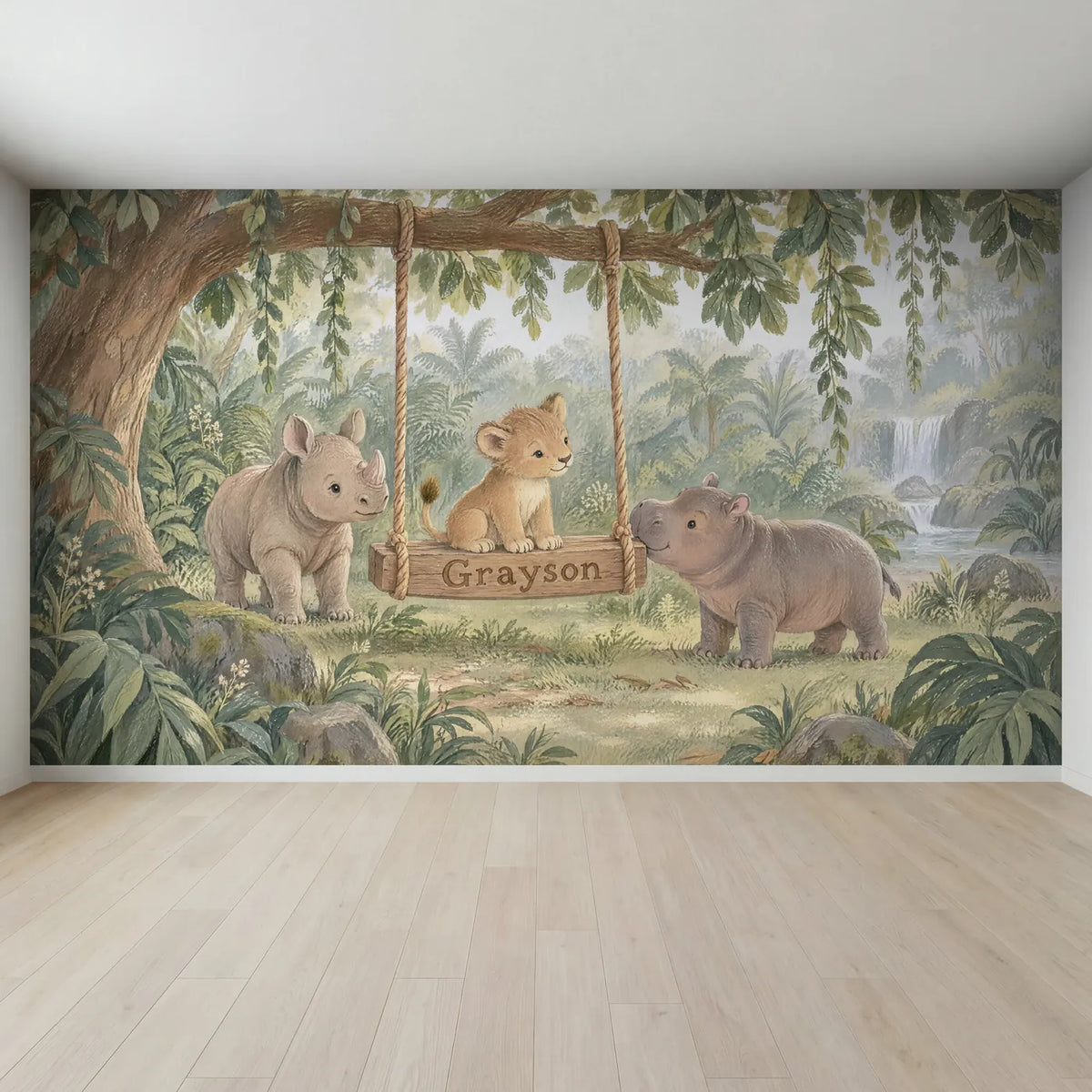 Gouache personalized wall mural of a lion cub on a jungle name swing, full mural design, by Whimsy Tots