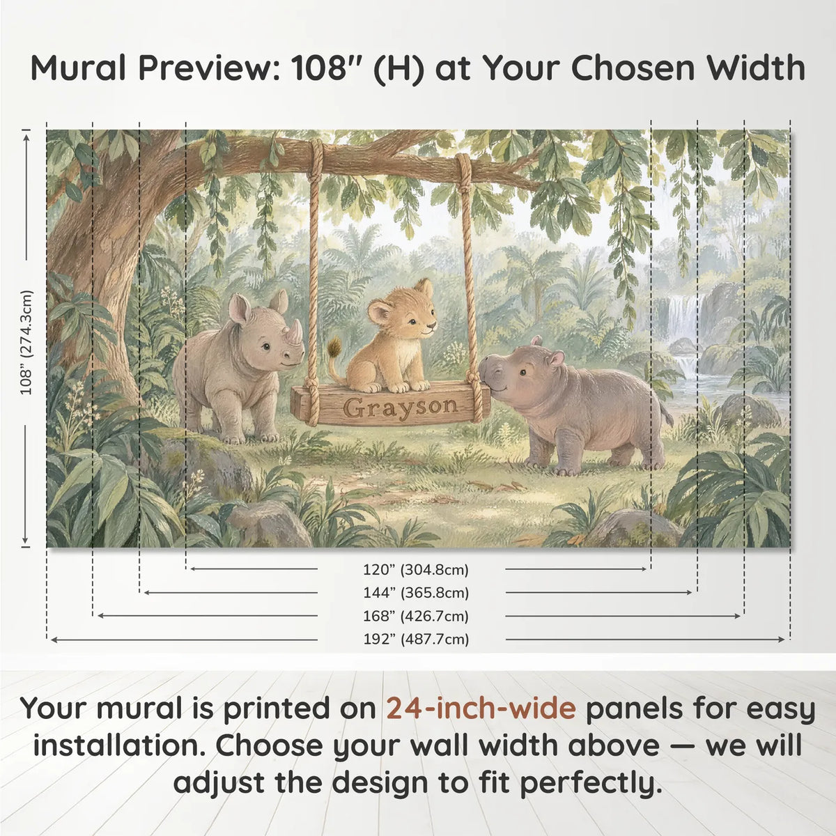 Gouache personalized wall mural of a lion cub on a jungle name swing, panel layout and size, by Whimsy Tots