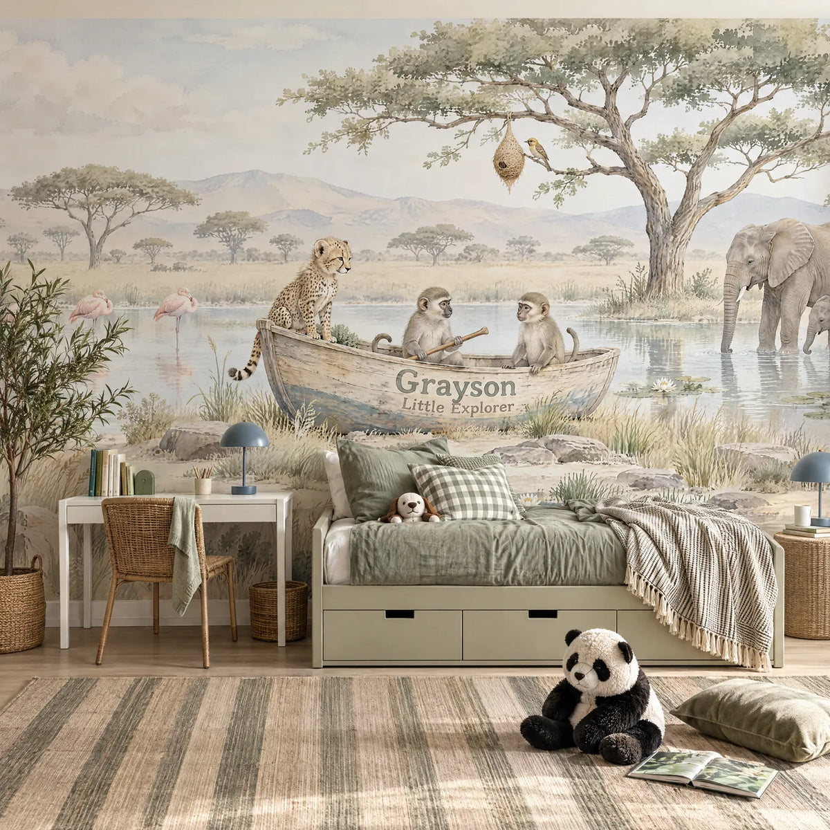 Watercolor personalized wall mural of monkeys and a cheetah in a name canoe, in a styled room, by Whimsy Tots