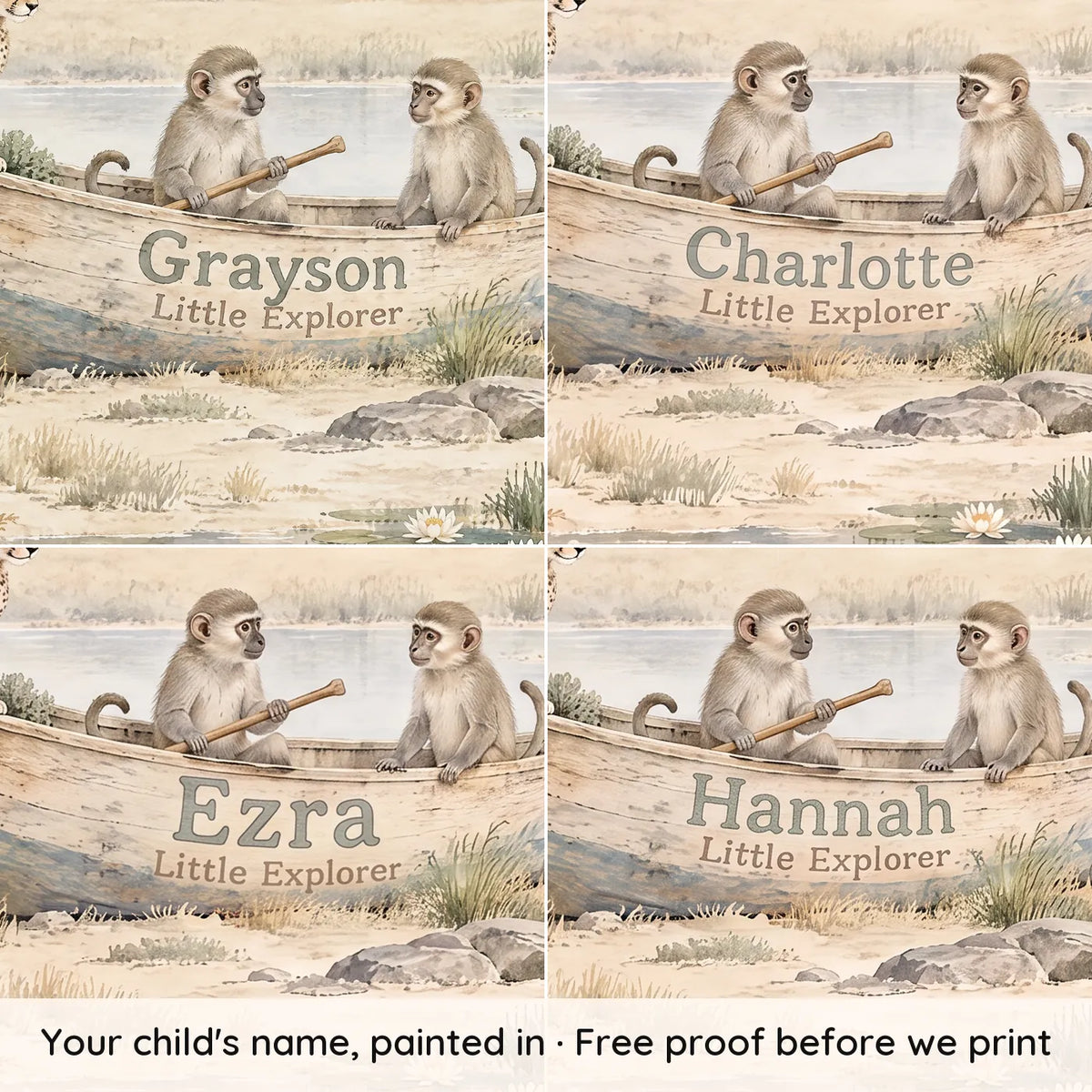 Watercolor personalized wall mural of monkeys and a cheetah in a name canoe, with four example names, by Whimsy Tots