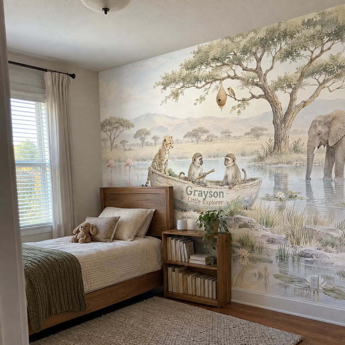 Watercolor personalized wall mural of monkeys and a cheetah in a name canoe, in a room photo, by Whimsy Tots