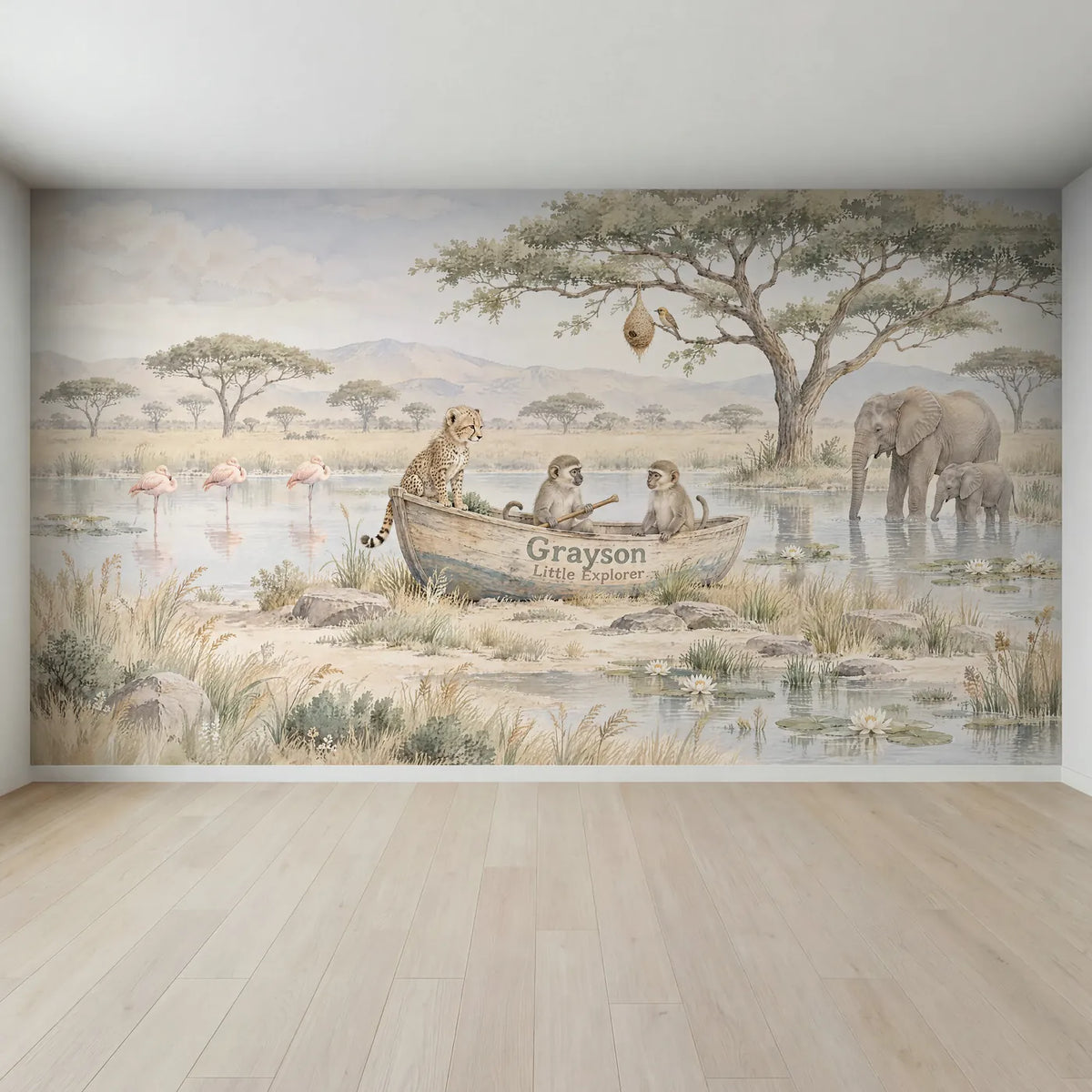 Watercolor personalized wall mural of monkeys and a cheetah in a name canoe, full mural design, by Whimsy Tots