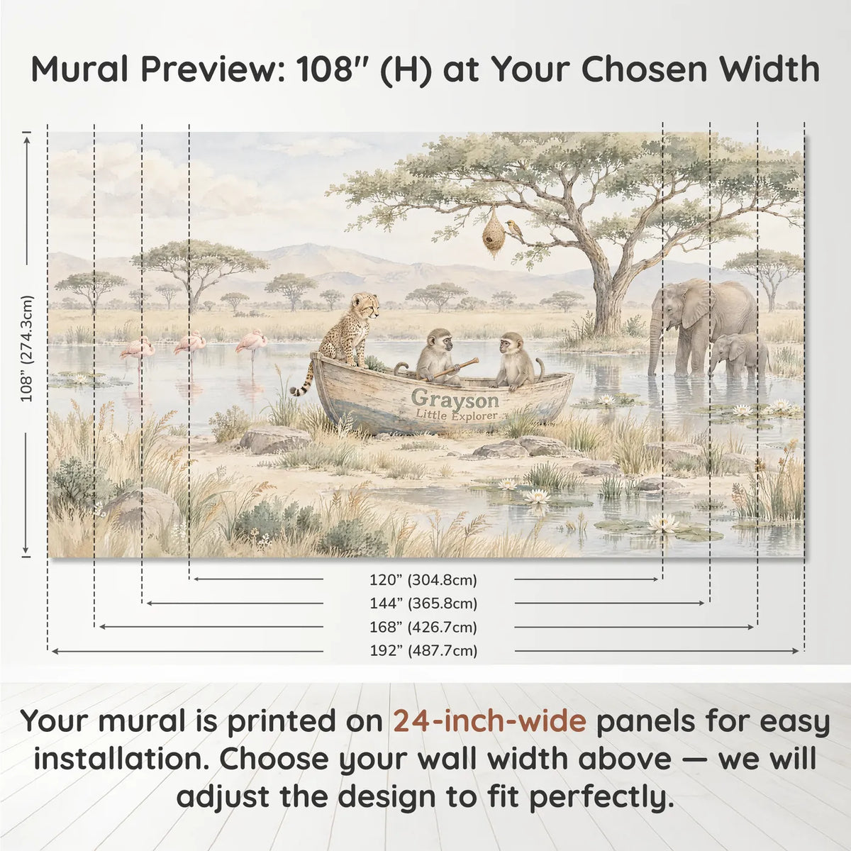 Watercolor personalized wall mural of monkeys and a cheetah in a name canoe, panel layout and size, by Whimsy Tots