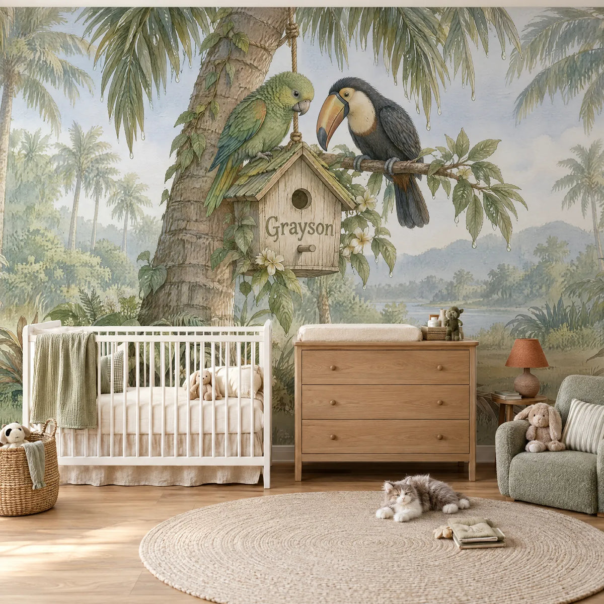 Storybook personalized wall mural of two birds at a name birdhouse, in a styled room, by Whimsy Tots