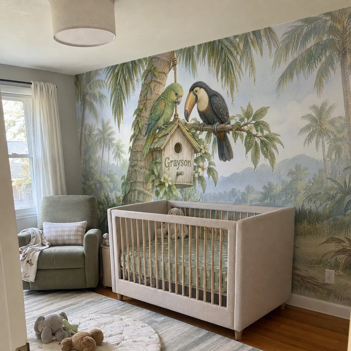 Storybook personalized wall mural of two birds at a name birdhouse, in a room photo, by Whimsy Tots