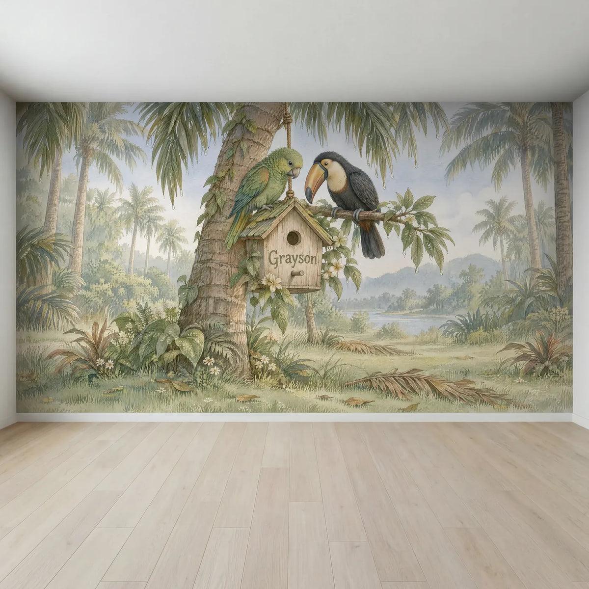 Storybook personalized wall mural of two birds at a name birdhouse, full mural design, by Whimsy Tots