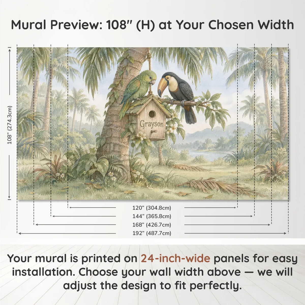 Storybook personalized wall mural of two birds at a name birdhouse, panel layout and size, by Whimsy Tots