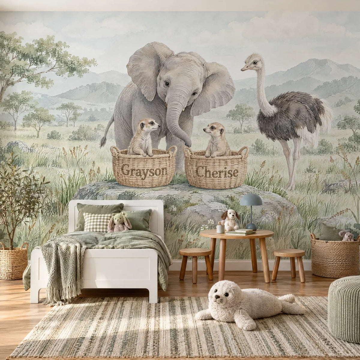 Watercolor personalized wall mural of two meerkats in name baskets, in a styled room, by Whimsy Tots