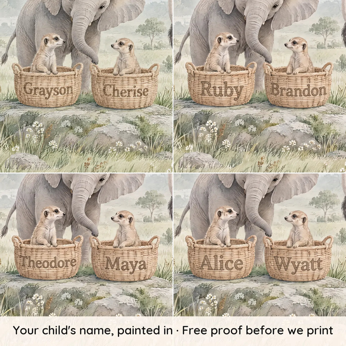 Watercolor personalized wall mural of two meerkats in name baskets, with four example names, by Whimsy Tots