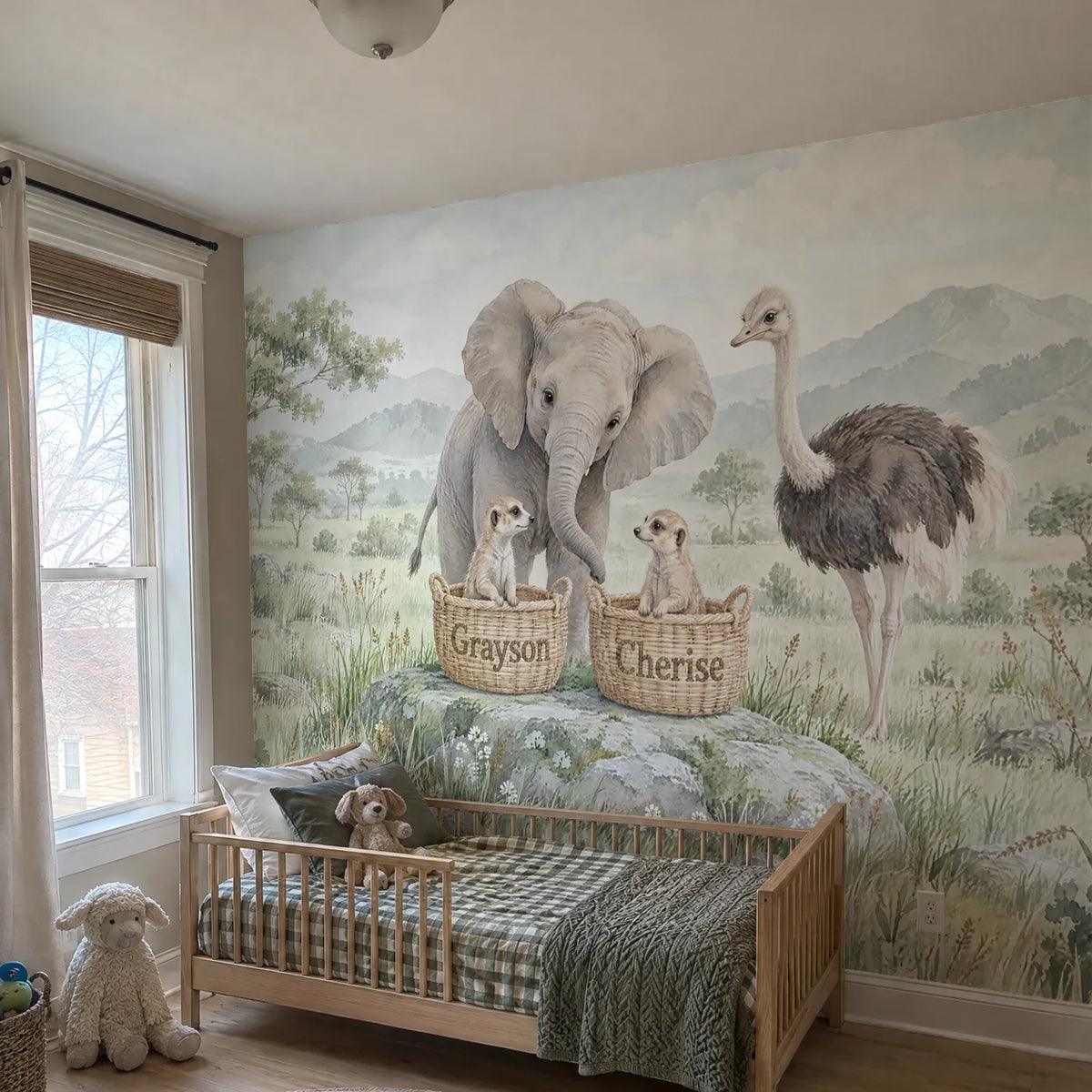 Watercolor personalized wall mural of two meerkats in name baskets, in a room photo, by Whimsy Tots