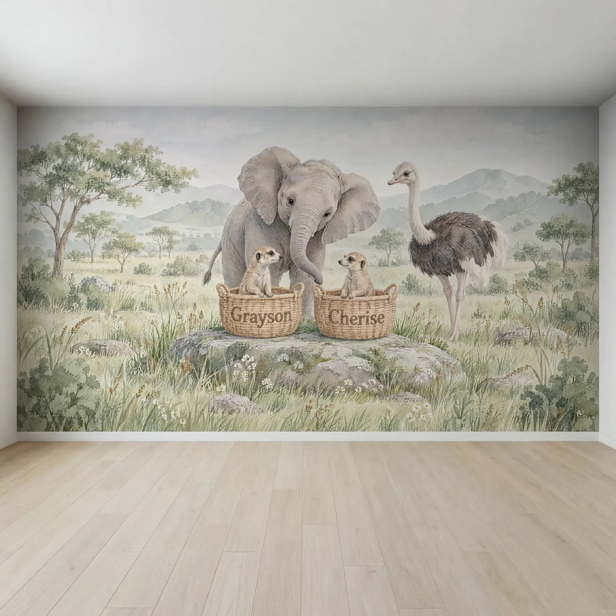 Watercolor personalized wall mural of two meerkats in name baskets, full mural design, by Whimsy Tots
