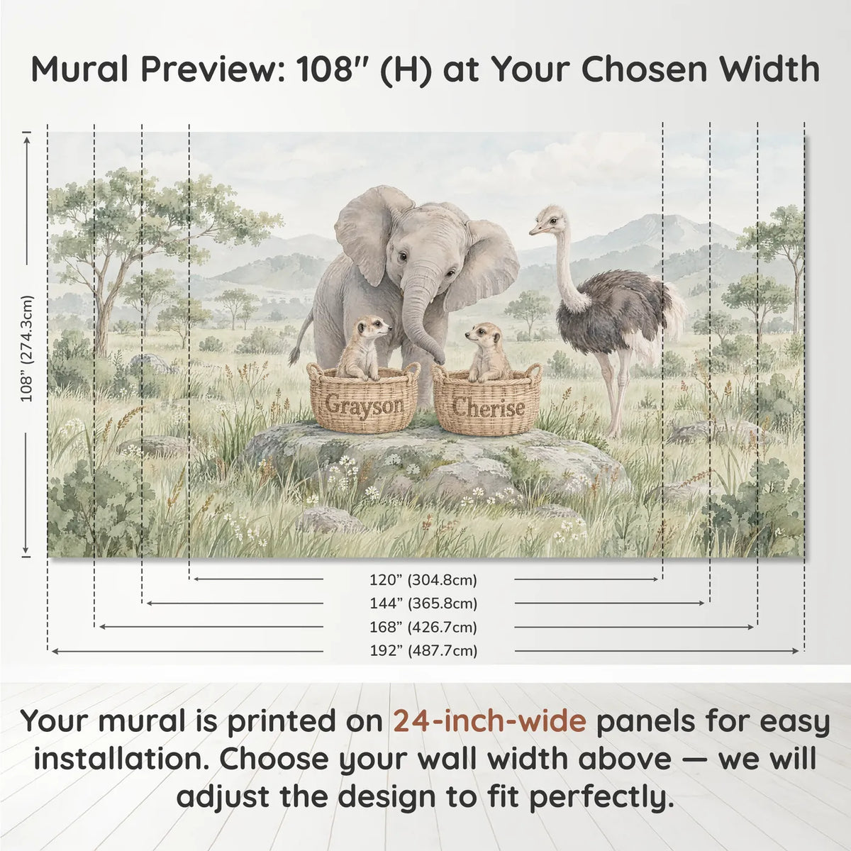 Watercolor personalized wall mural of two meerkats in name baskets, panel layout and size, by Whimsy Tots