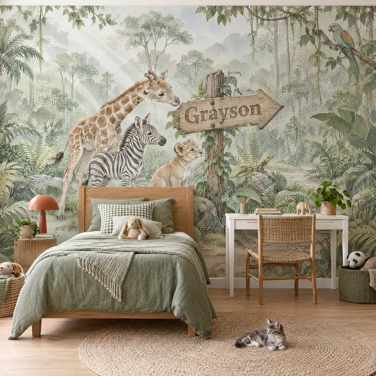Watercolor personalized wall mural of a lion cub and friends at a name sign, in a styled room, by Whimsy Tots