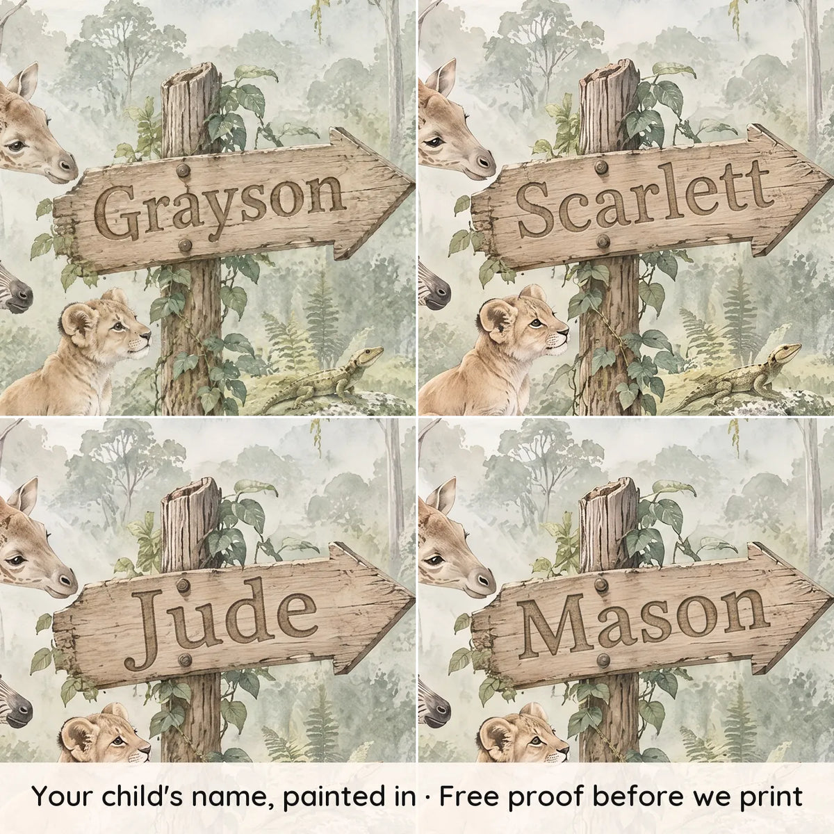 Watercolor personalized wall mural of a lion cub and friends at a name sign, with four example names, by Whimsy Tots