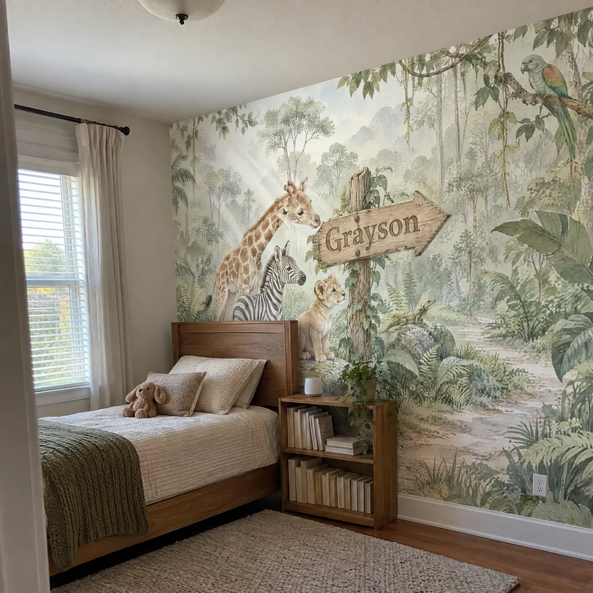Watercolor personalized wall mural of a lion cub and friends at a name sign, in a room photo, by Whimsy Tots