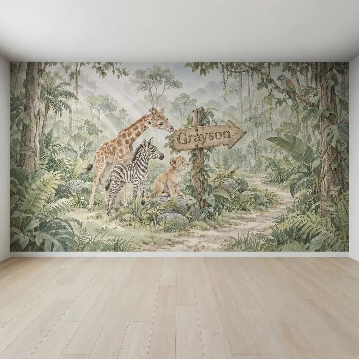 Watercolor personalized wall mural of a lion cub and friends at a name sign, full mural design, by Whimsy Tots