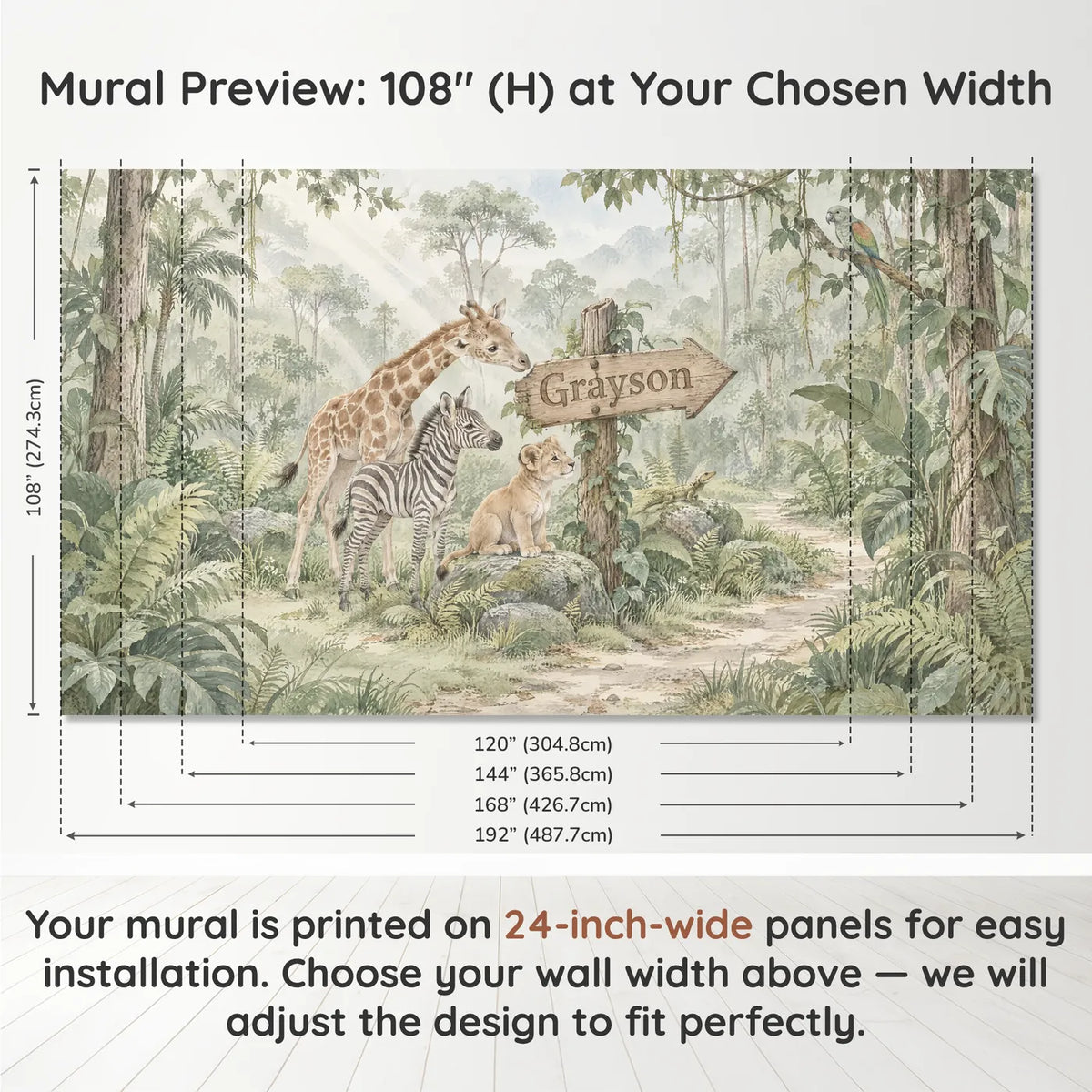 Watercolor personalized wall mural of a lion cub and friends at a name sign, panel layout and size, by Whimsy Tots