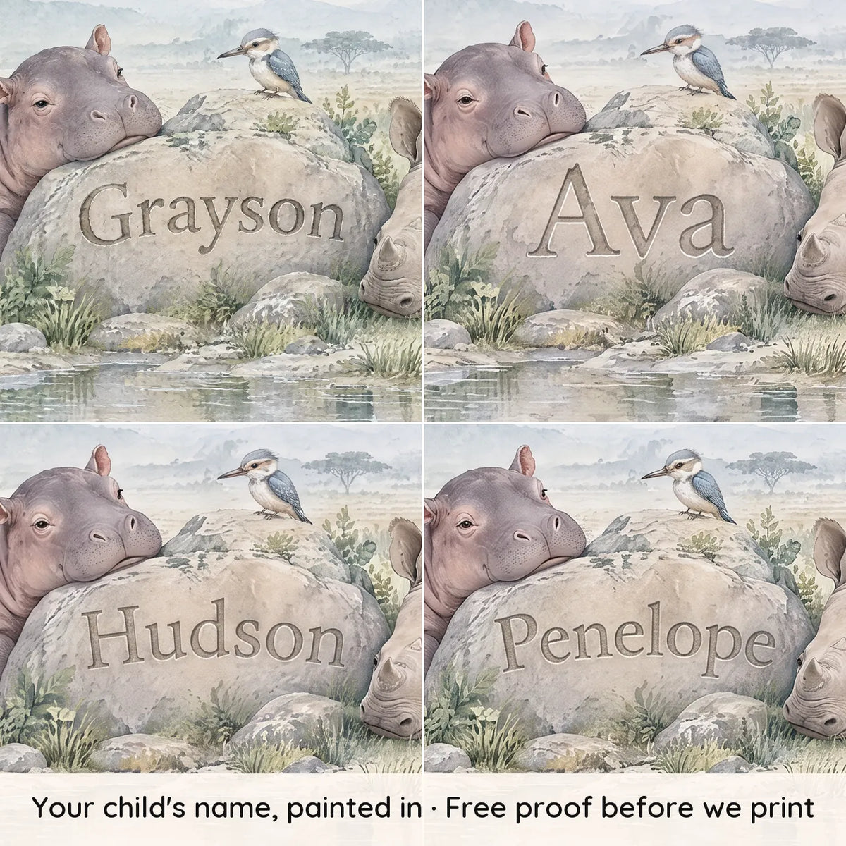 Watercolor personalized wall mural of a hippo and rhino by a name stone, with four example names, by Whimsy Tots