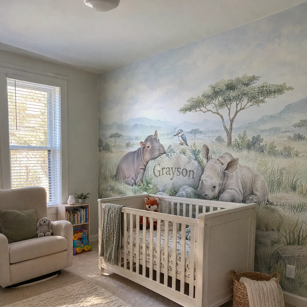 Watercolor personalized wall mural of a hippo and rhino by a name stone, in a room photo, by Whimsy Tots