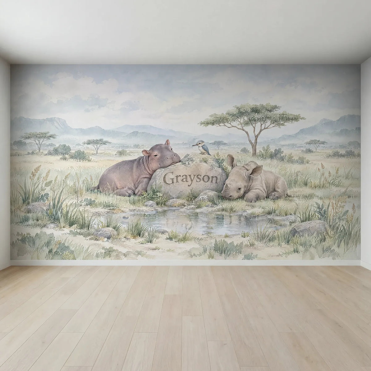Watercolor personalized wall mural of a hippo and rhino by a name stone, full mural design, by Whimsy Tots