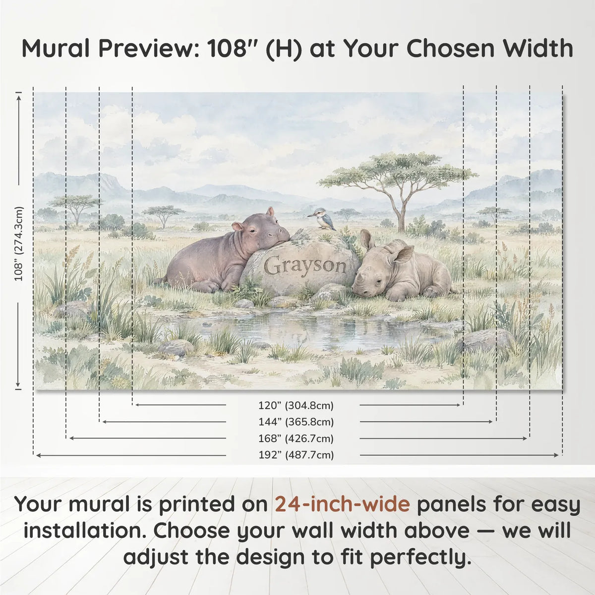 Watercolor personalized wall mural of a hippo and rhino by a name stone, panel layout and size, by Whimsy Tots