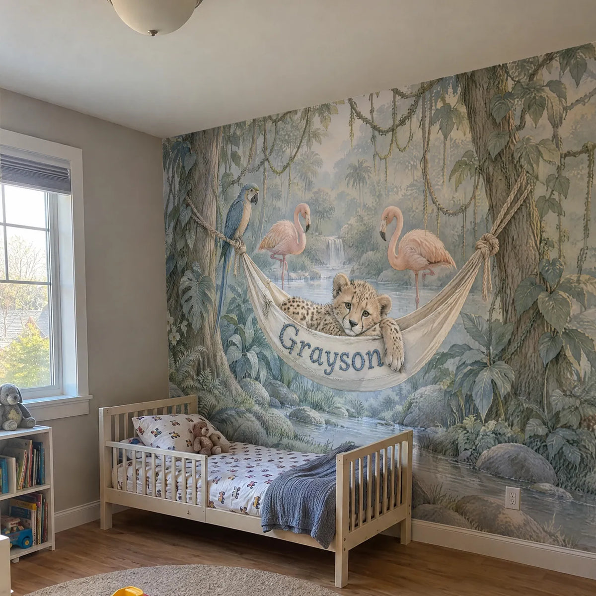 Storybook personalized wall mural of a cheetah cub in a name hammock, in a room photo, by Whimsy Tots