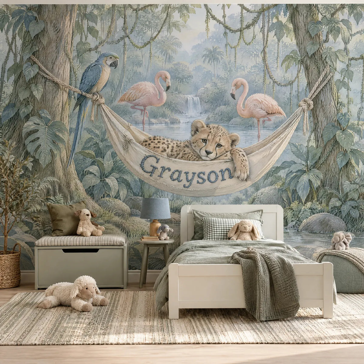 Storybook personalized wall mural of a cheetah cub in a name hammock, in a styled room, by Whimsy Tots