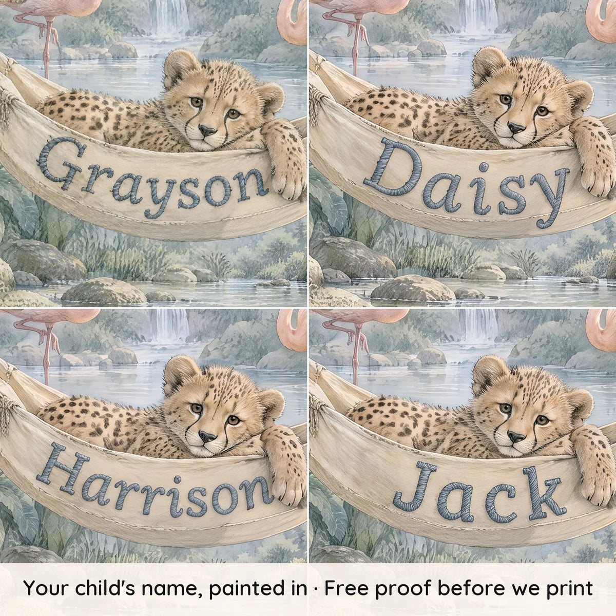 Storybook personalized wall mural of a cheetah cub in a name hammock, with four example names, by Whimsy Tots