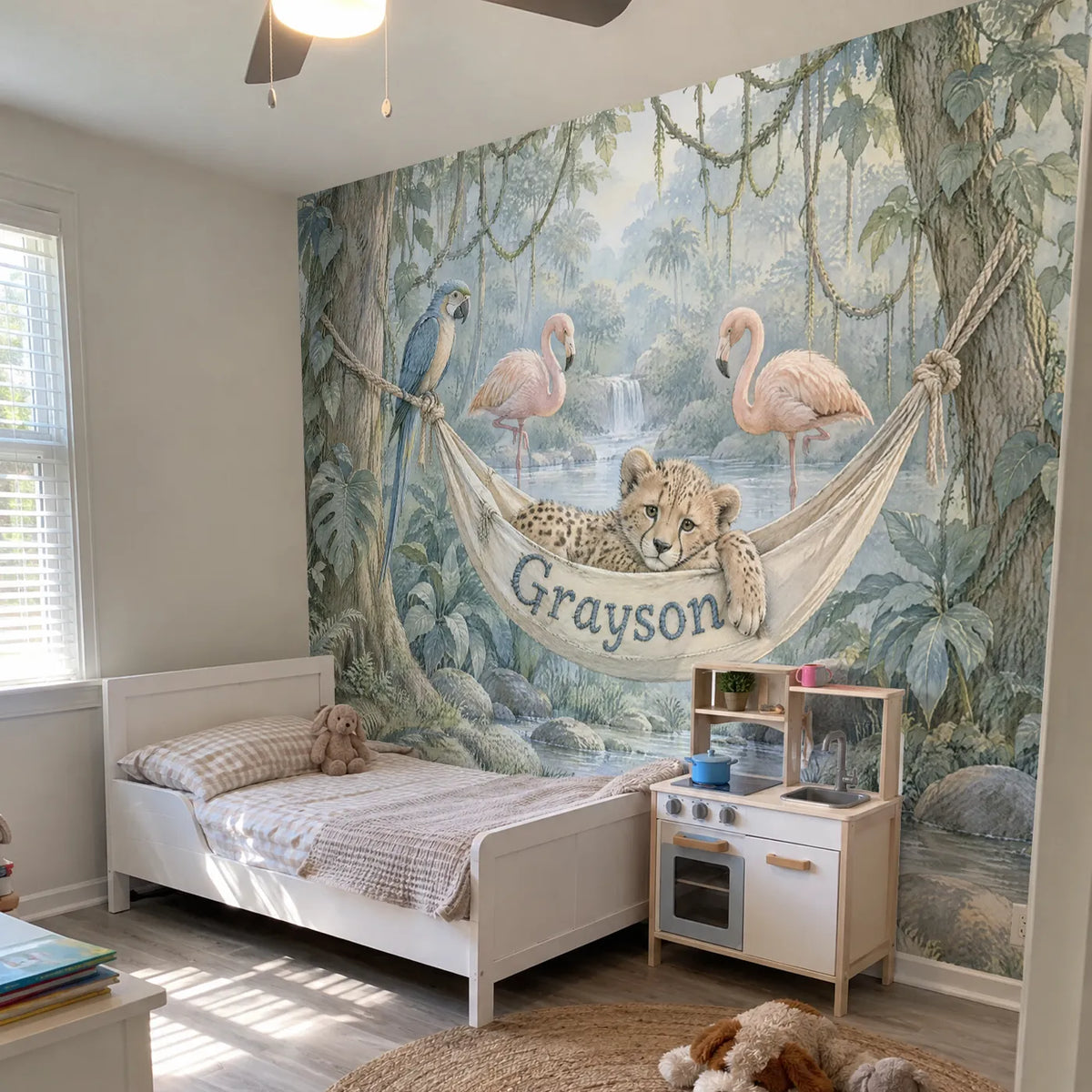 Storybook personalized wall mural of a cheetah cub in a name hammock, in a room photo, by Whimsy Tots