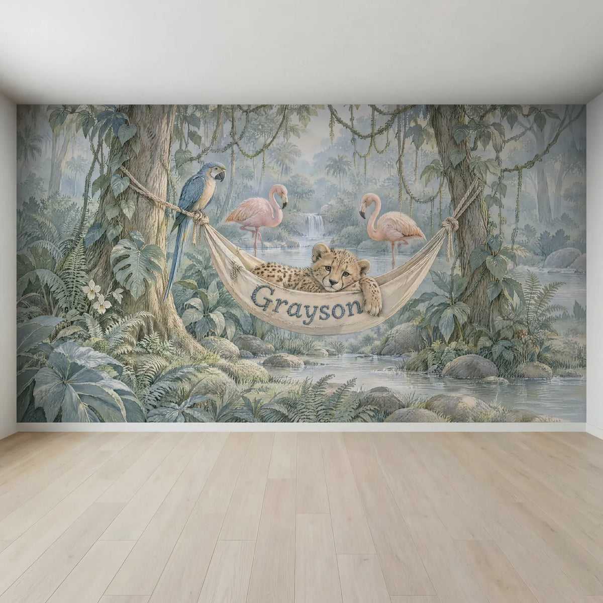 Storybook personalized wall mural of a cheetah cub in a name hammock, full mural design, by Whimsy Tots